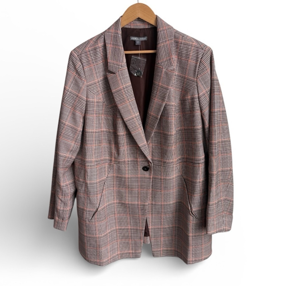 Jessica London Plaid Blazer Jacket Brown Orange Check Plus Size 20W NWOT